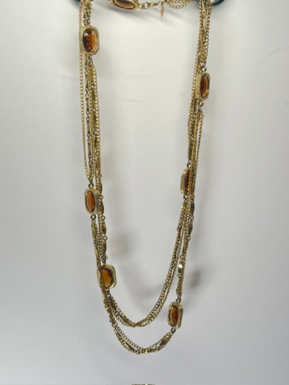 Vintage SARAH COVENTRY 53” Gold-Tone Triple Chain Necklace Amber Glass Stones - Picture 1 of 10